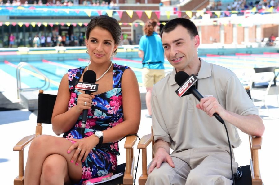 Victoria Arlen (L) and Jason Benetti reporting during the 2015 Special Olympics World Summer Games (Phil Ellsworth / ESPN Images)