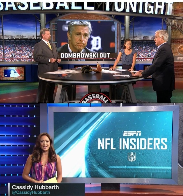 Top: Cassidy Hubbarth with Pedro Gomez (r) and Rick Sutcliffe on the set of Baseball Tonight.; Bottom: Cassidy Hubbarth on the set of NFL Insiders.