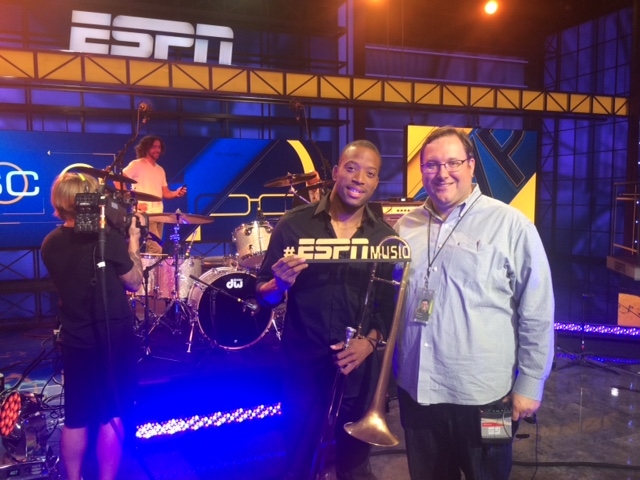 Tom DeCorte (right) with Trombone Shorty when the musician was recording music for the new midnight SportsCenter. (Photo courtesy Tom DeCorte)
