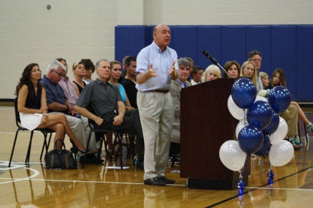 Dick Vitale addressing the crowd at The Out-of-Door Academy's school gymnasium. (Photo courtesy Terri Vitale)