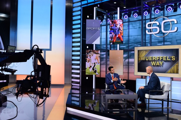 Kevin Negandhi and Danny Wuerffel on the set of SportsCenter. (Joe Faraoni/ESPN Images)