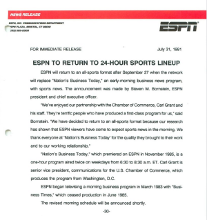Press release from 1991 outlining ESPN’s return to the all-sports format.