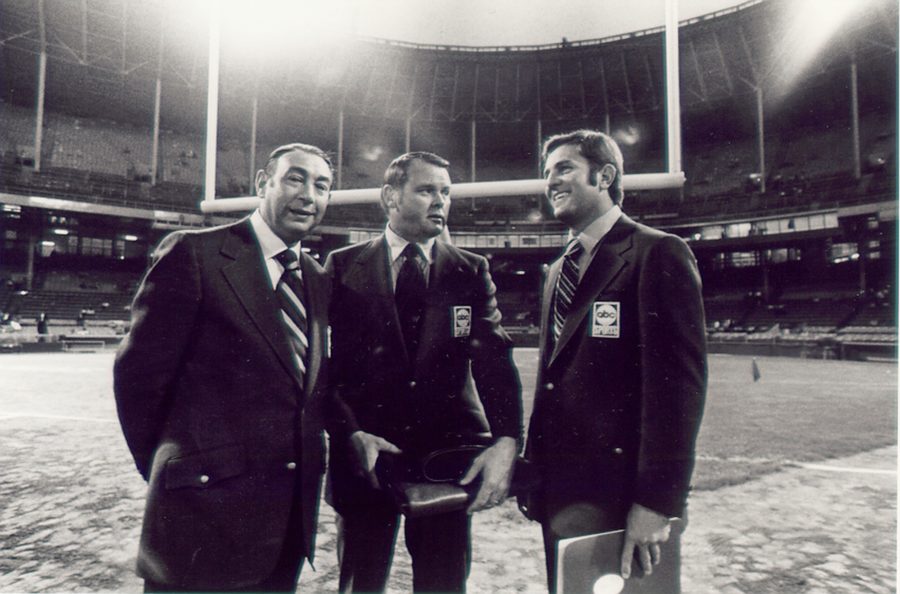 Howard Cosell, Keith Jackson and Don Meredith at the first Monday Night Football game played on Sept. 21, 1970. (Photo courtesy ABC Sports)