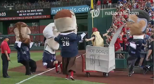 ESPN's Tim Kurkjian competes in Brewers' Sausage Race