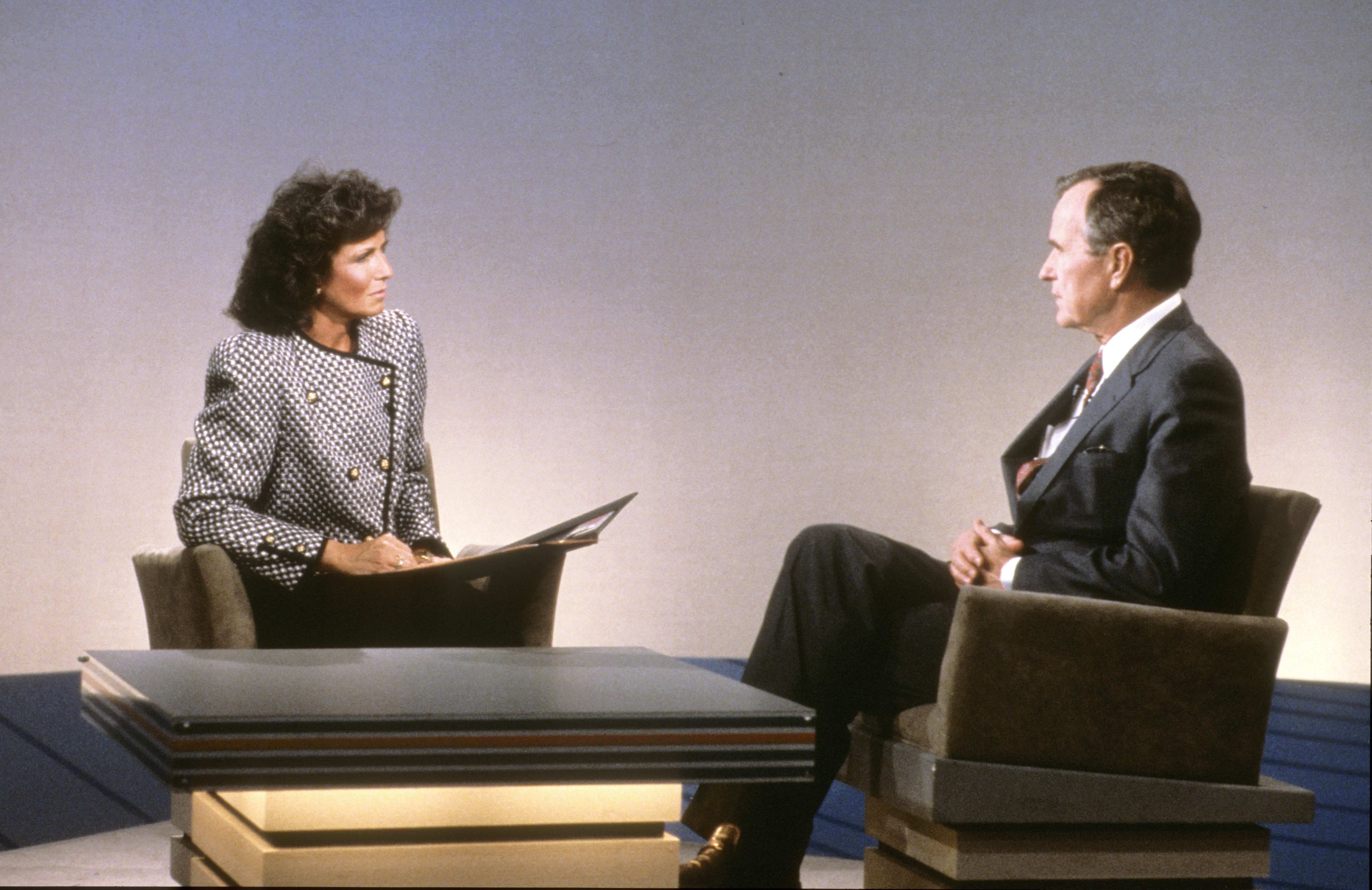 Nation’s Business Today host Meryl Comer on the set with former President, then Vice President, George Bush (Courtesy Nation’s Business Today)