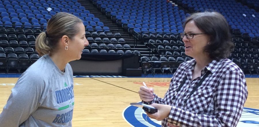 Mechelle Voepel interviewing Minnesota coach Cheryl Reeve on Monday between Games 1 and 2 of the WNBA Finals. (Photo courtesy Mechelle Voepel)