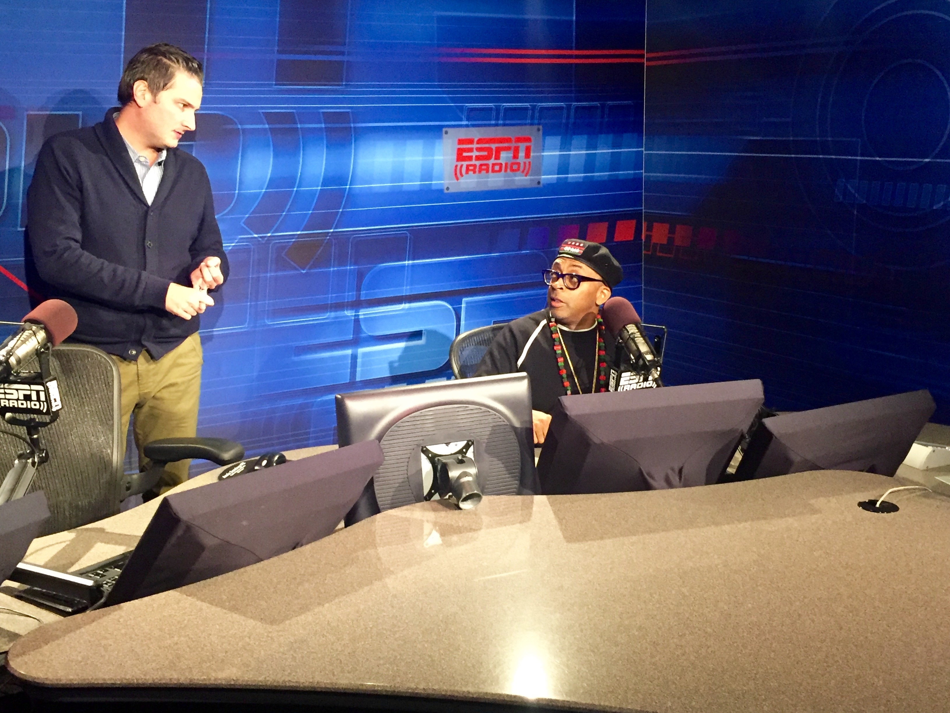 Spike Lee getting prepared for The Dan Le Batard Show . (Kate Rosen/ESPN)