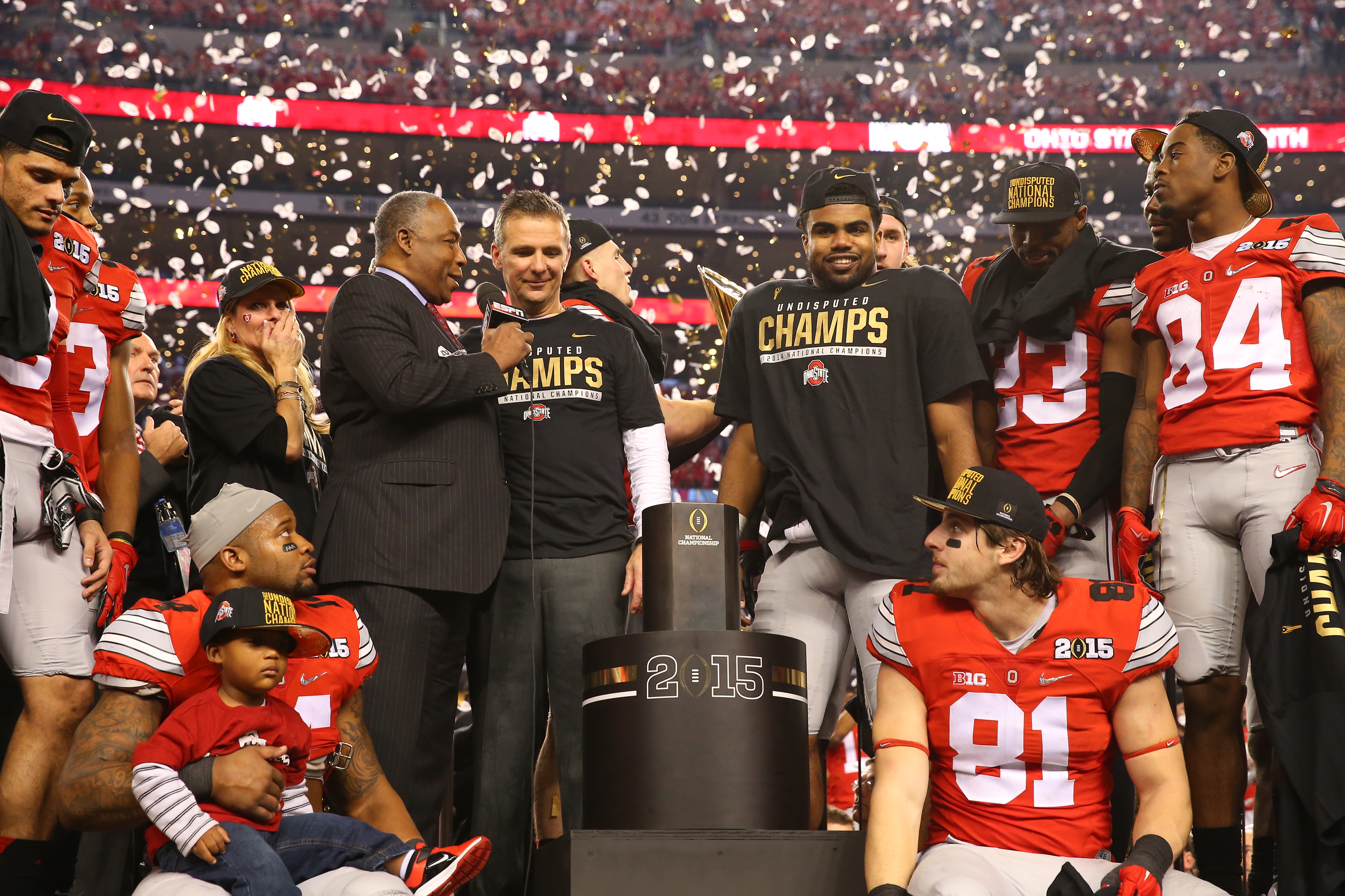 John Saunders and Ohio State Coach Urban Meyer after the 2015 College Football Playoff National Championship. (Allen Kee/ESPN Images)
