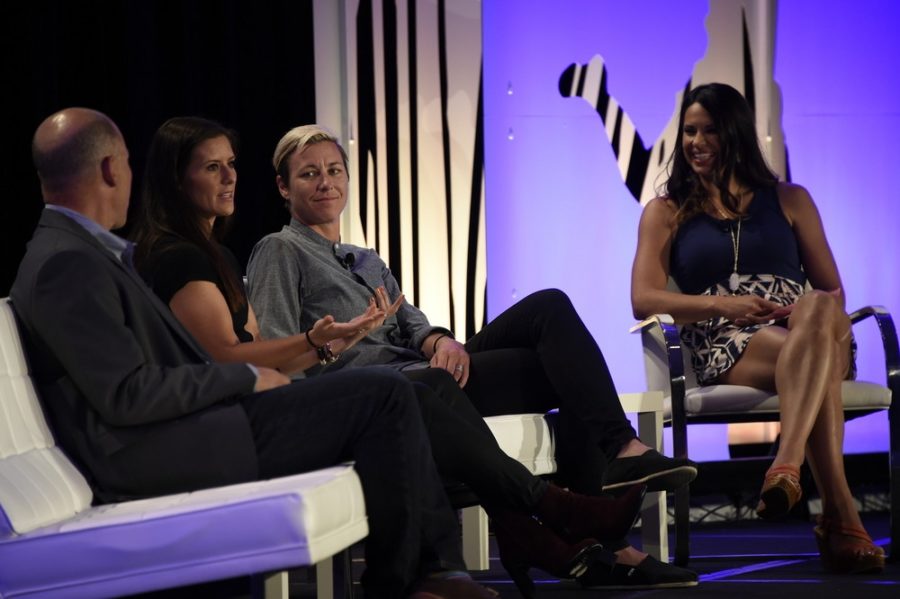 (L-R) Agent Dan Levy, US Women's Soccer teammates Ali Krieger and Abby Wambach and ESPN MLB analyst Jessica Mendoza speak during the "Capitalizing On A World Cup Championship" session.  (Kaitlyn Egan / ESPN Images)