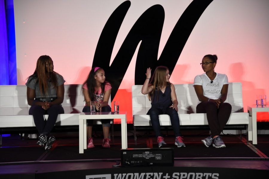 (L-R) Voices of the Future panelists - Olympic gold medalist boxer Claressa Shields, youth basketball star Jaden Newman, youth football star Sam Gordon and tennis star Victoria Duval - discuss matters with moderator espnW's Julie Foudy (not pictured).  (Kaitlyn Egan/ESPN Images)