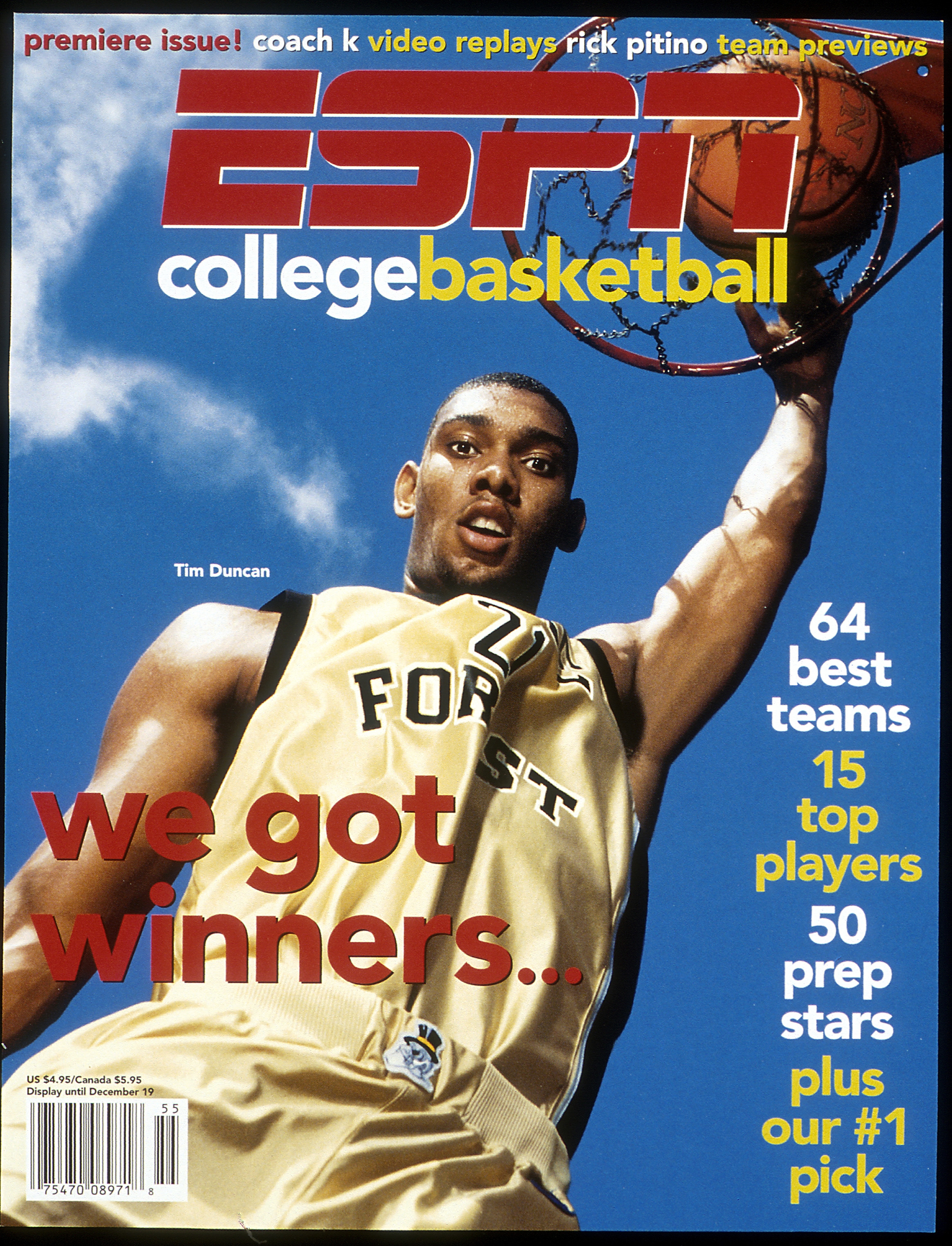 Tim Duncan, while attending Wake Forest University, on the cover of an early ESPN College Basketball in 1995.