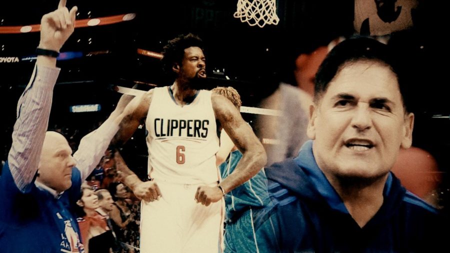 (L-R) Los Angeles Clippers owner Steve Ballmer, Clippers center DeAndre Jordan and Dallas Mavericks owner Mark Cuban are depicted in the ESPN promo for tonight's Clippers-Mavericks clash.