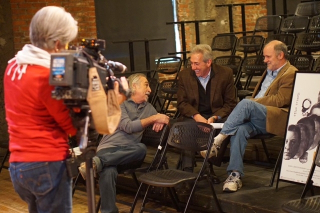 ESPN's Sal Paolantonio (center) speaks with playwright Bruce Graham (right) and Theatre Exile founder Joe Canuso (left) as they're being interviewed by 6ABC in Philadelphia. (Photo courtesy of Sal Paolantonio)