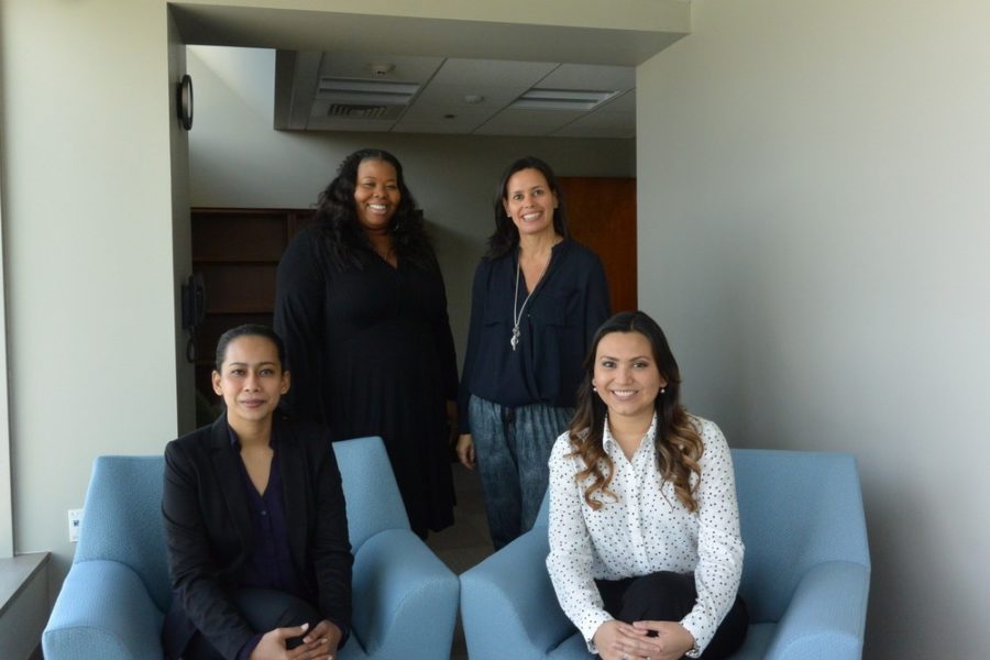 (Clockwise from back row left): ESPN executives Kimberly Wilson and Marina Escobar; Global Sports Mentoring Program graduates Carla Bustamante of Mexico and and Hanna Fauzie of Indonesia. (Rich Arden/ESPN)