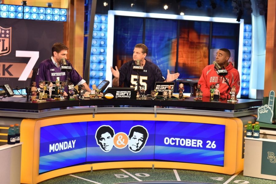 In Studio E, (L-R) Mike Greenberg, Mike Golic and Cris Carter discuss matters on the ESPN2/ESPN Radio simulcast of Mike & Mike. (Nick Caito/ESPN Images)