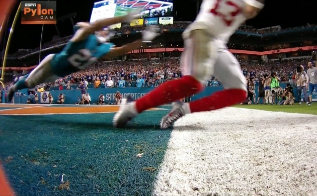 The Pylon Cam captured Odell Beckham's precise footwork as he made the first of his two touchdowns against the Dolphins. (ESPN)