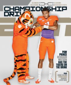 QB DeShaun Watson shares the cover of ESPN The Magazine with the Clemson Tigers mascot. (Dylan Coulter/ESPN The Magazine)