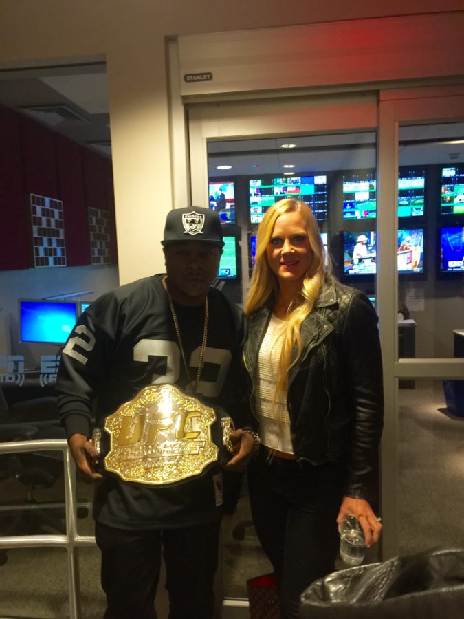 Jadakiss (left) & Holly in the halls of ESPN Radio.  (Taylor Garrett/ESPN)