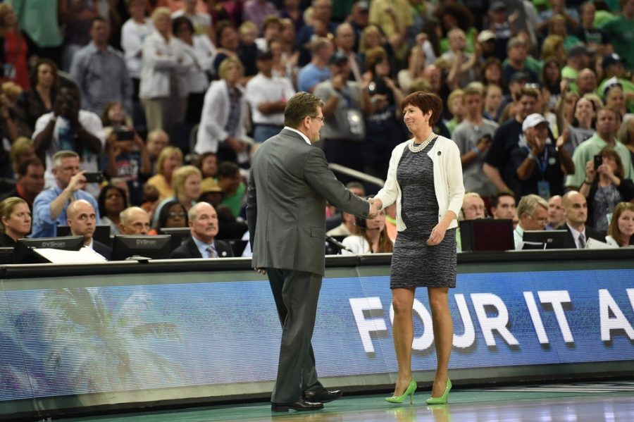UConn's Geno Auriemma (left) and Notre Dame's  Muffet McGraw, will match wits again Saturday in the Jimmy V Women's Classic. (Scott Clarke/ESPN)