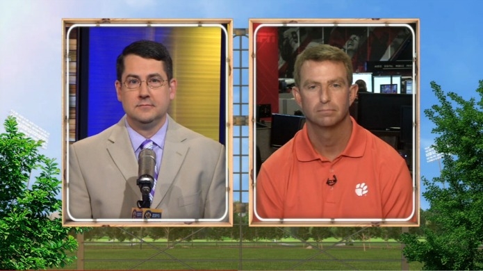 Ryan McGee (L) interviewed Dabo Swinney during this July 2015 ESPN telecast and later profiled the Clemson football coach for ESPN The Magazine.