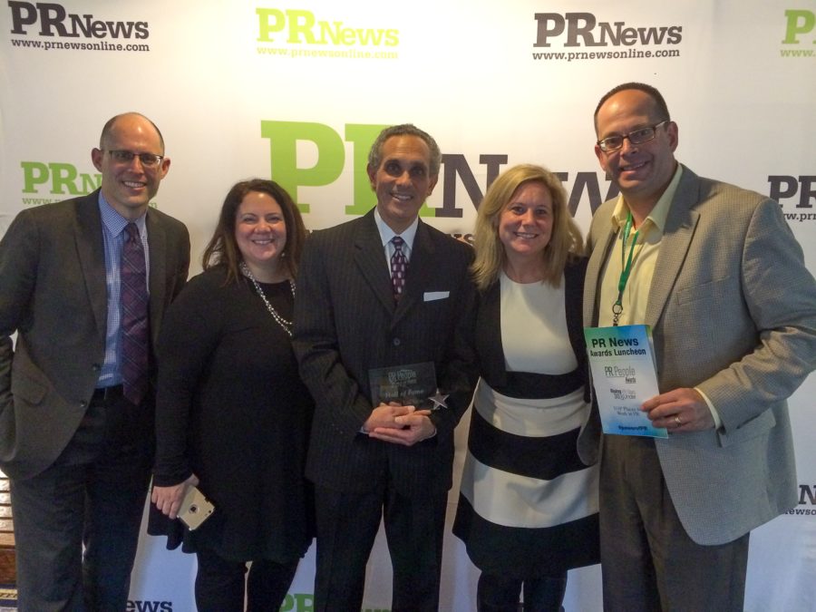 (L-R): ESPN Communications colleagues Bill Hofheimer, Katina Arnold, Chris LaPlaca, Amy Phillips and Josh Krulewitz celebrate LaPlaca's PR News Hall Of Fame induction. (Josh Krulewitz/ESPN)