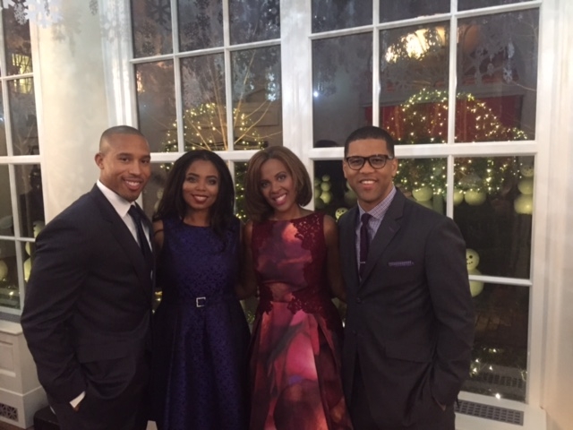 (l-r) His & Hers co-hosts Jemele Hill (second from left, with Ian Wallace) and Michael Smith (far right, with wife, Sarah) at the White House on Dec. 10 . (photo courtesy of Jemele Hill)