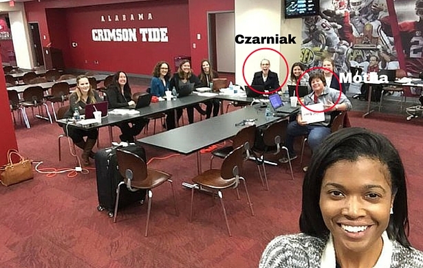 Last week in Tuscaloosa, Ala., SportsCenter anchor Lindsay Czarniak and producer Missy Motha (each circled above) were part of an all-female production crew. (Photo courtesy Jasmine Alexander's Twitter feed)