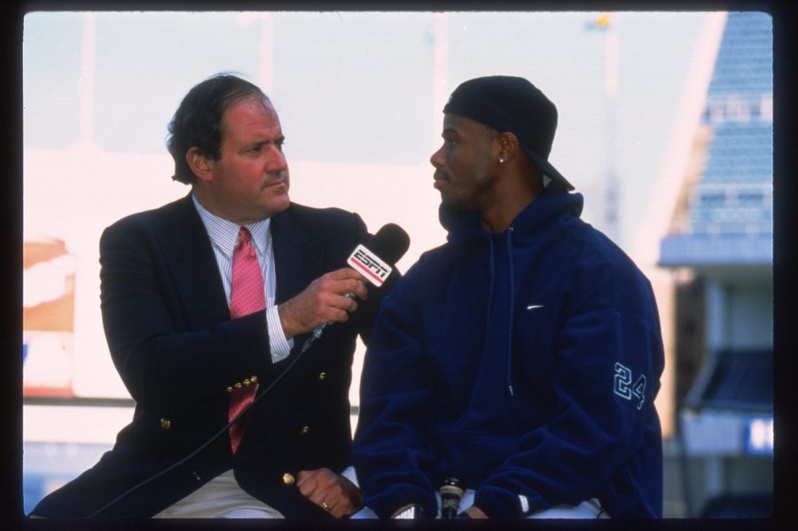 In this vintage shot from 1987, ESPN's Chris Berman interviews Ken Griffey Jr., who began his road to Cooperstown as a Seattle Mariner. (Scott Clarke/ESPN Images)