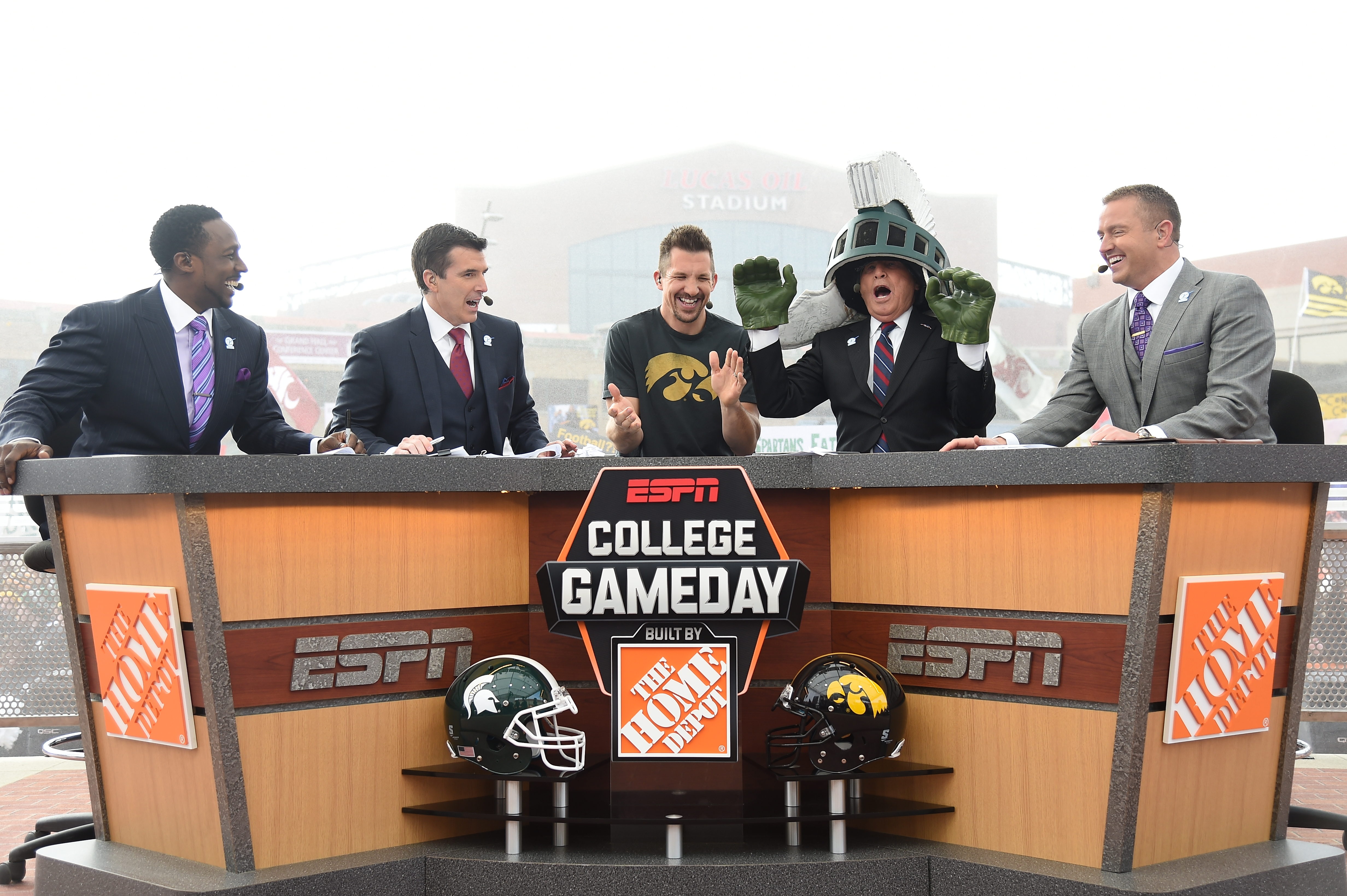 Desmond Howard, Rece Davis, Dallas Clark, Lee Corso and Kirk Herbstreit on the set of College GameDay Built by the Home Depot during coverage of the 2015 Big Ten Championship game (Photo by Scott Clarke / ESPN Images)