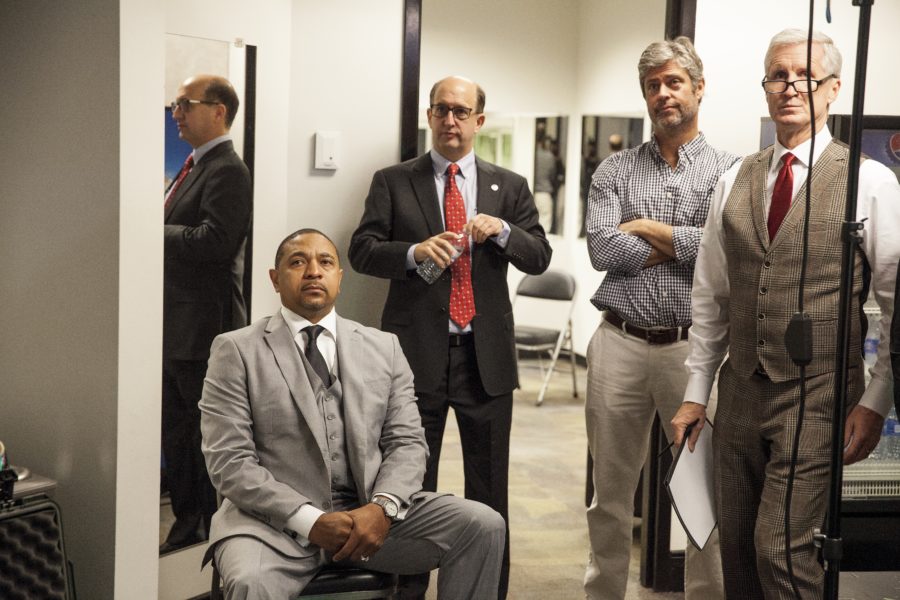 (L-R) ESPN analysts Mark Jackson (seated) and Jeff Van Gundy, senior coordinating producer Tim Corrigan and play-by-play commentator Mike Breen help bring fans the best NBA coverage. (Photo by Peter DaSilva / ESPN Images)