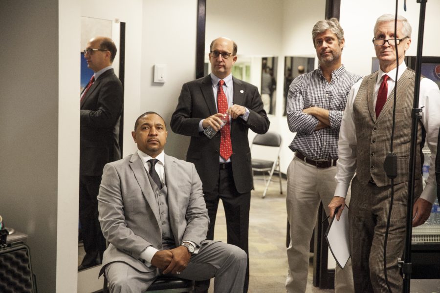 (L-R) ESPN analysts Mark Jackson (seated) and Jeff Van Gundy, senior coordinating producer Tim Corrigan and play-by-play commentator Mike Breen help bring fans the best NBA coverage.  (Photo by Peter DaSilva / ESPN Images)