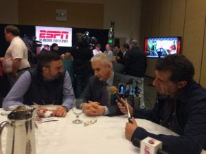 ESPN Deportes analyst Raul Allegre (center), a nine-year NFL veteran and two-time Super Bowl winner as a kicker with the New York Giants, talks to reporters during Super Bowl week in San Francisco. (Allison Stoneberg/ESPN)