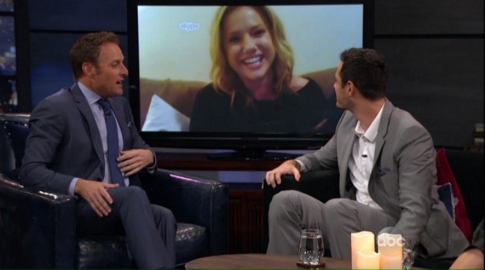 Via Skype, SportsCenter anchor Jaymee Sire visits with "The Bachelor" host Chris Harrison (left) and contestant Ben Higgins. (ABC)
