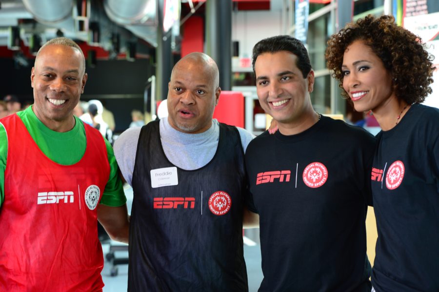 Commentators (l to r) Jay Harris, Freddie Coleman, Kevin Negandhi and Sage Steele support Special Olympics Unified Sports. (Joe Faraoni/ESPN Images) 