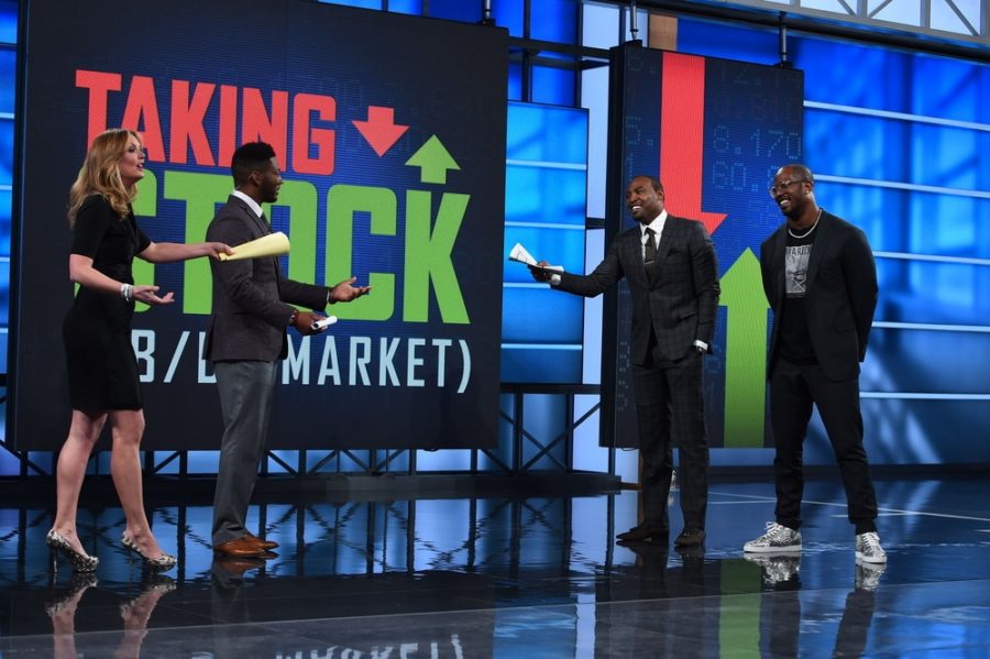 (L-R) NFL Live host Wendi Nix, analysts  Ryan Clark and Darren Woodson welcome Super Bowl MVP  Von Miller to the set. (Joe Faraoni/ESPN Images)