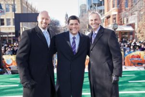 As evidenced five years ago in frigid Fort Worth, Texas for Super Bowl XLV, Wingo (far right) and analysts Trent Dilfer (far left) and Tedy Bruschi are ready for any conditions.  (Don Juan Moore/ESPN)