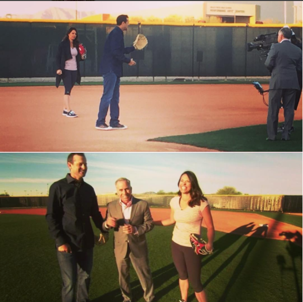 Top: (L-R) Jessica Mendoza, Aaron Boone and Tim Kurkjian talk defense while filming a SportsCenter spot at Kansas City Royals camp. (Bottom) Boone, Kurkjian and Mendoza are headed for several Arizona camps this week. (Courtesy Jessica Mendoza's Instagram)