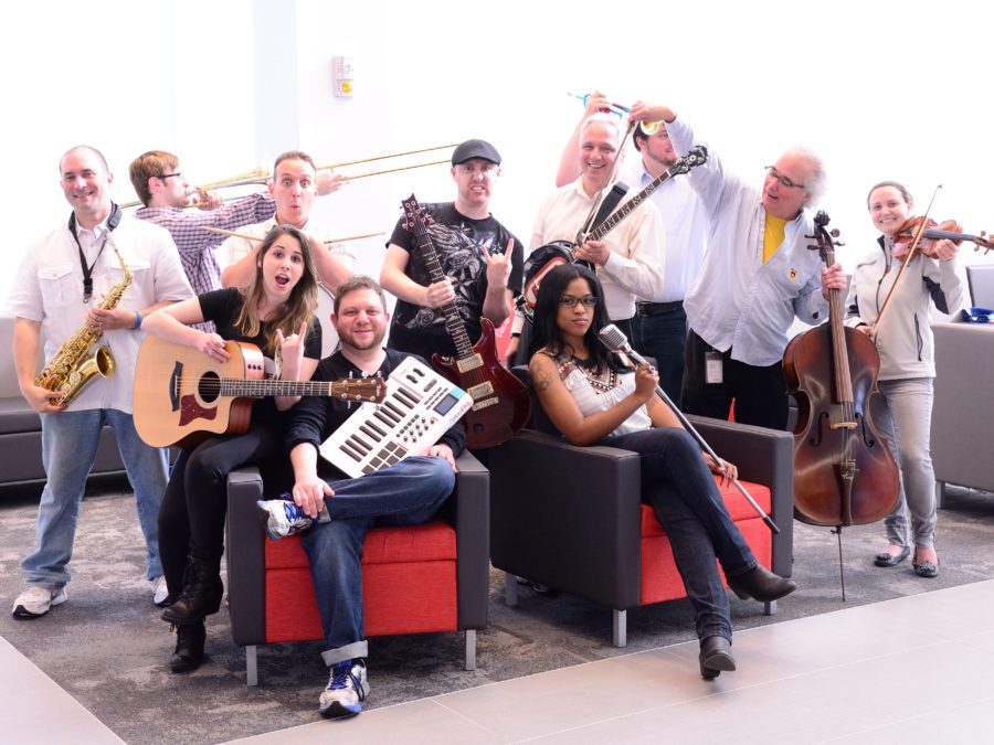 Members of the Production Operations team and their instruments (l to r): Rob Southey, Adam Egan, Teff Martinez, Tito Nariznis, Jason Finberg, Tim Fromme, Kera Francis, Stuart Sisco, Cody Hardin, Dean Baldwin, Sarah Nasshan (Brian Costello/ESPN)
