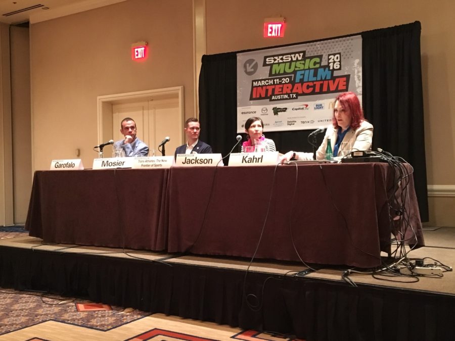 Christina Kahrl (pictured far right), an ESPN.com MLB writer and editor, is among the presenters on the panel "Trans Athletes: The New Frontier of Sports" at the 2016 SXSW Saturday in Austin, Texas. Joining Kahrl are (L-R) Dr. Robert Garofalo; US National Duathalon Team member and triathlete Chris Mosier; and Debi Jackson, founder of Transparenting.com. (Crystal Yang Edwards/ESPN)