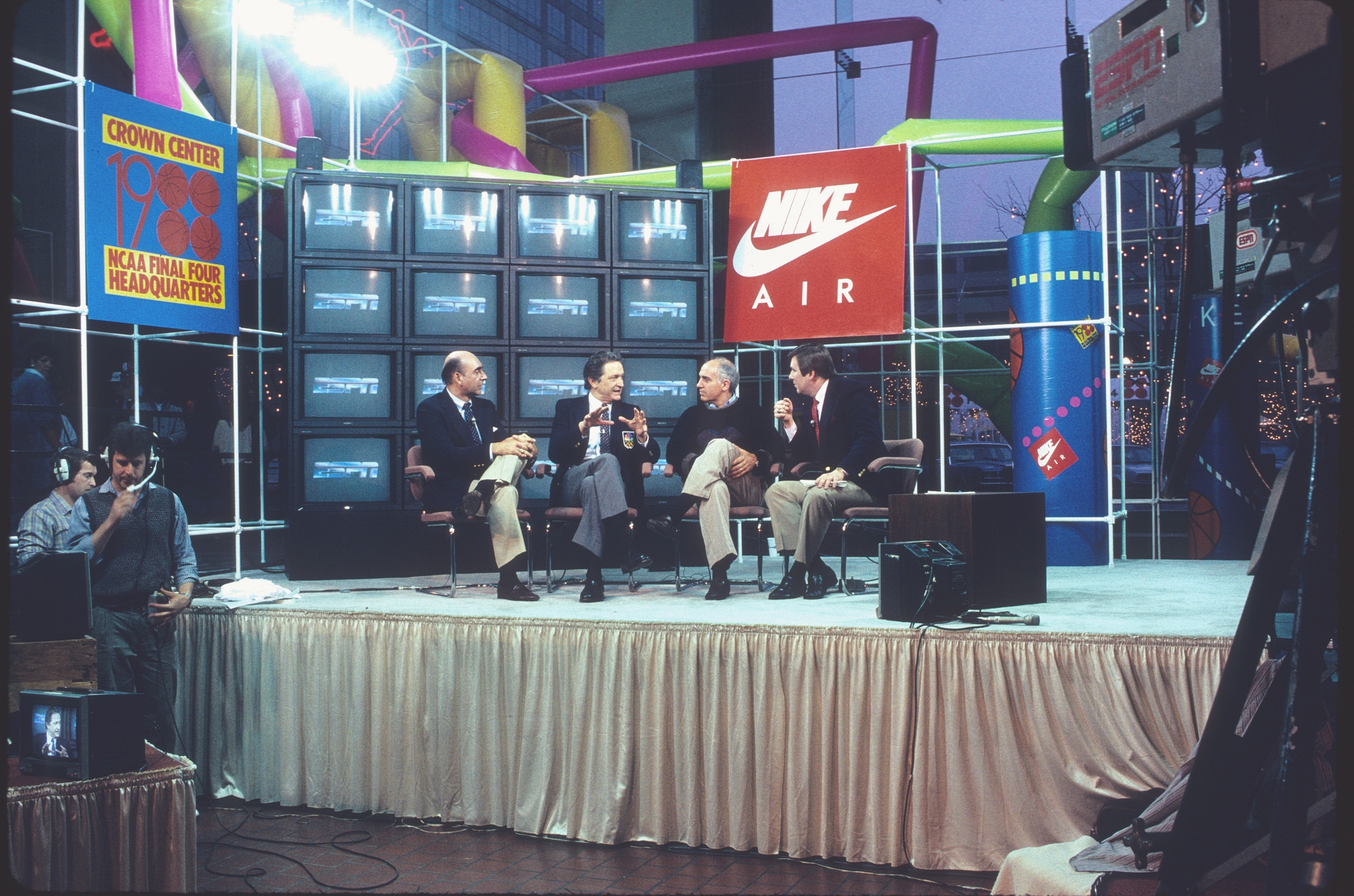 ESPN's Dick Vitale (far left) and Bob Ley (far right) talk hoops with the late Al McGuire and Billy Packer at the 1988 Final Four in Kansas City, Missouri.