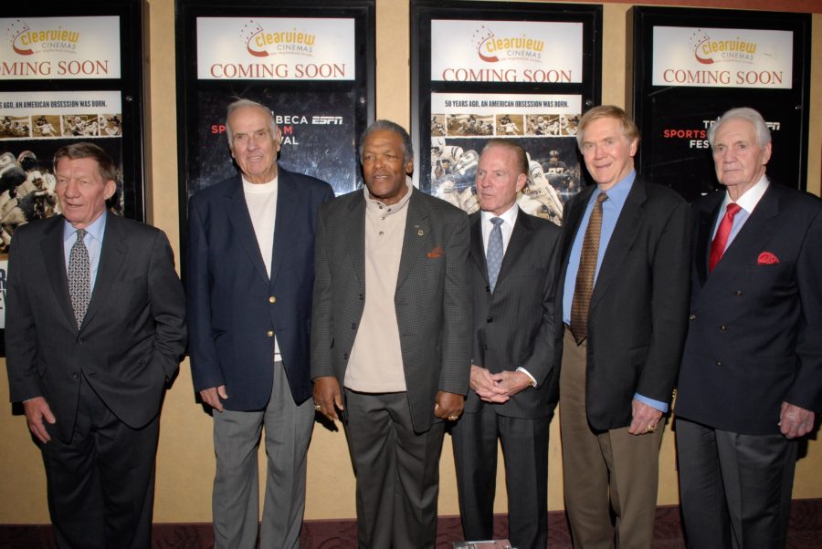 December 3, 2008,  NYC:  -- ESPN Films "The Greatest Game Ever Played" premiere marked a major press event for ESPN Films. Former Baltimore Colts and New York Giants stars attending including (L-R)-- Jim Mutscheller, Gino Marchetti, Lenny Moore, former ABC "Monday Night Football" commentator Frank Gifford, Raymond Berry and Pat Summerall. (Lorenzo Bevilaqua/ESPN Images)