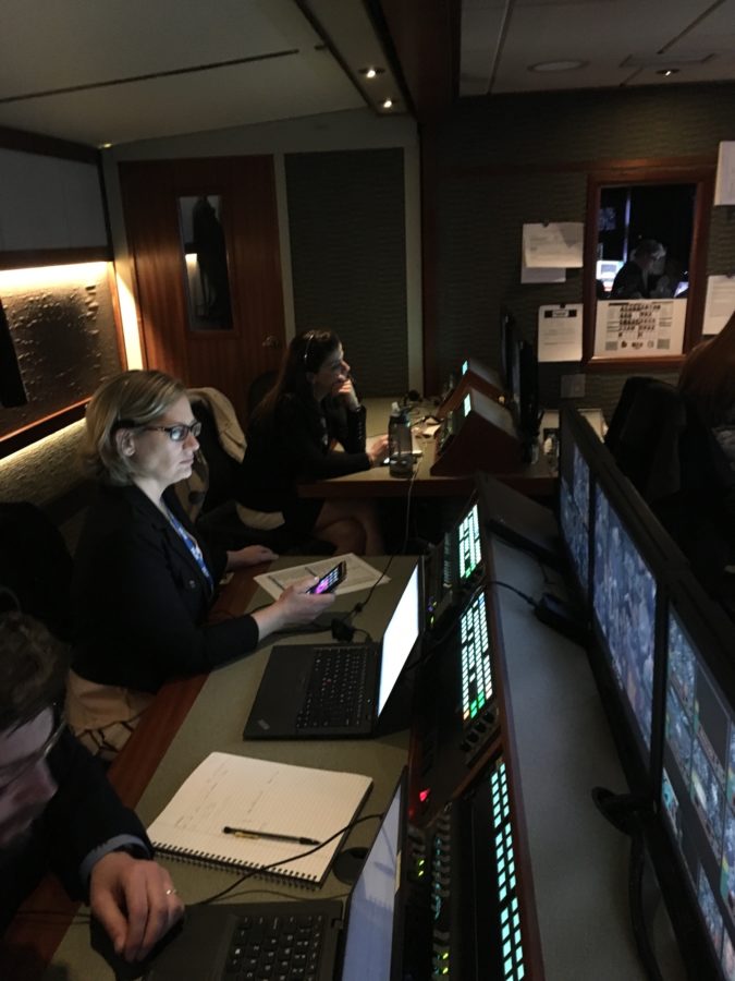 ESPN Senior Vice President, Tina Thornton, who is responsible for overseeing the network’s extensive coverage of the NCAA Women’s Basketball Tournament, works in the production truck. (Gracie Blackburn/ESPN)