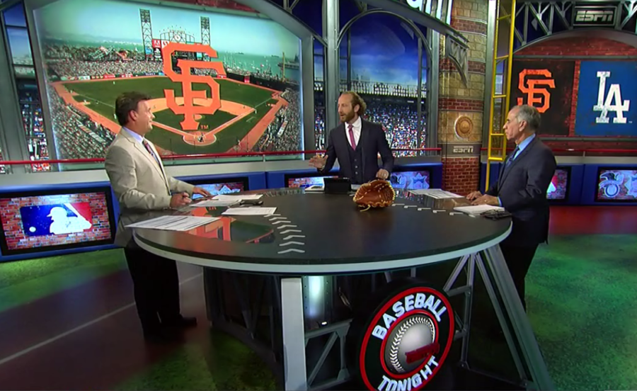 (L-R) Karl Ravech, Dallas Braden and Tim Kurkjian report from the Baseball Tonight set. 