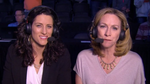 As an ESPN analyst, Stephanie White (left) worked with play-by-play announcer Beth Mowins.