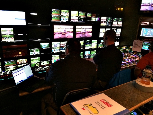 Tom DeCorte (left) works with director Howie Lutt in the ESPN production trailer at the Masters Tournment. (Andy Hall/ESPN)