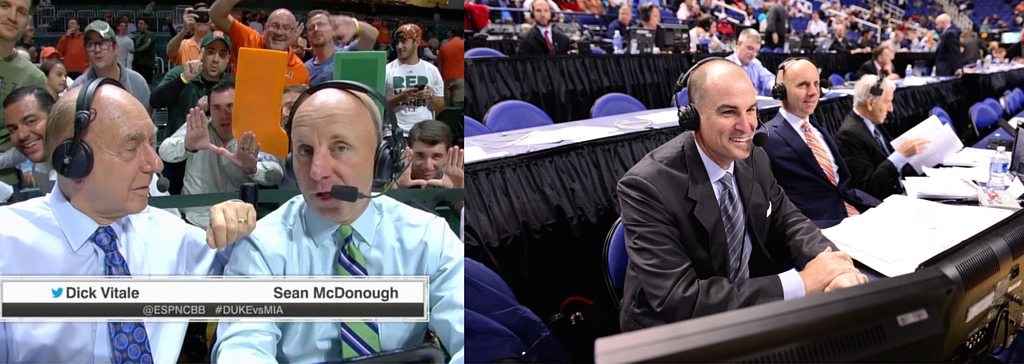 (Left) ESPN College Basketball  analyst Dick Vitale with Sean McDonough. (Right) ESPN's Jay Bilas with McDonough (Phil Ellsworth/ESPN Images)