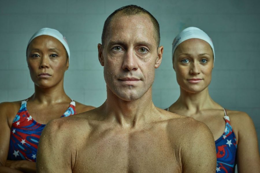 Bill May poses with his synchronized swimming partners Kristina Lum Underwood (left) and Christina Jones. (John Huet)