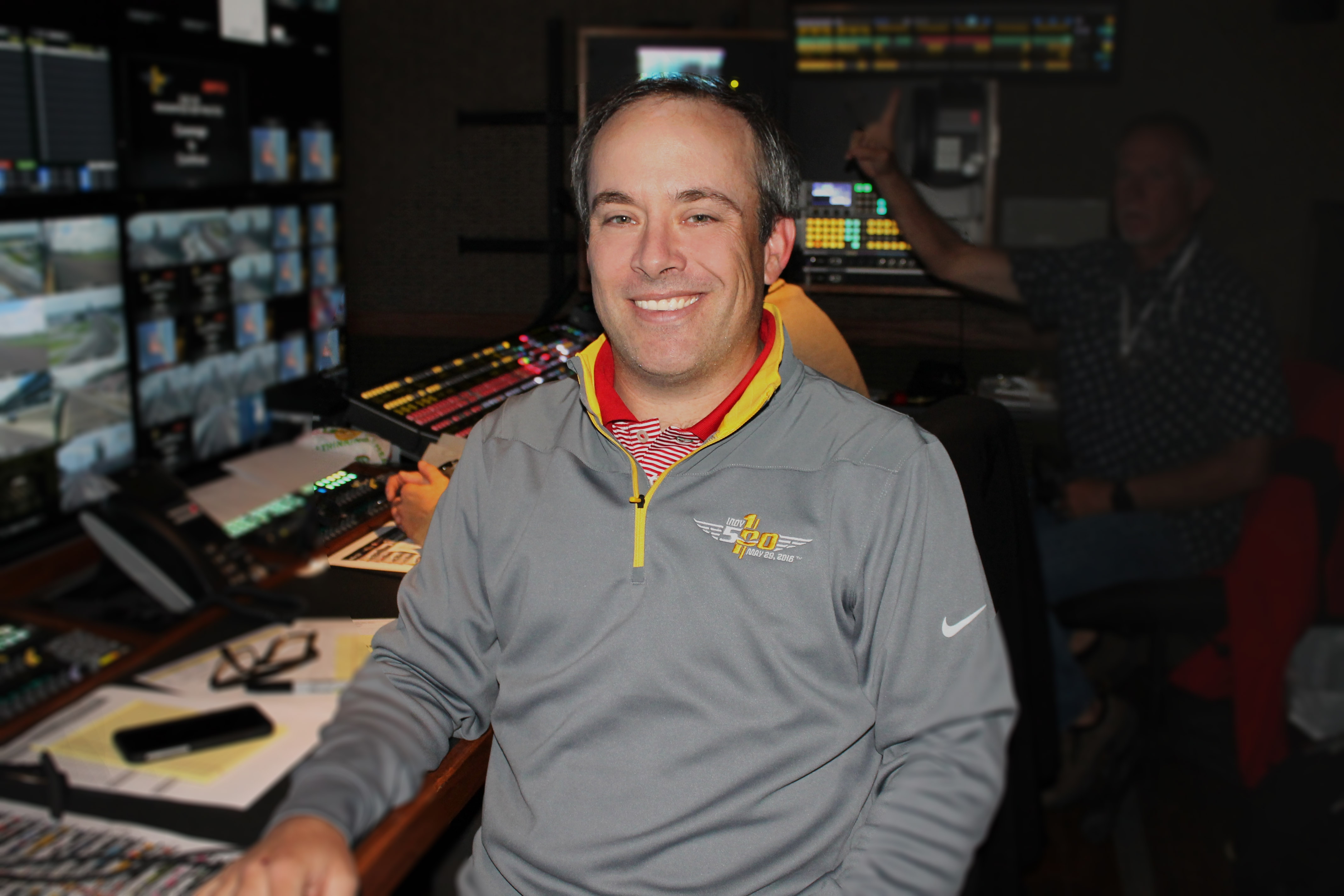 Jim Gaiero in the ESPN production truck at Indianapolis Motor Speedway. (Liah Corral)