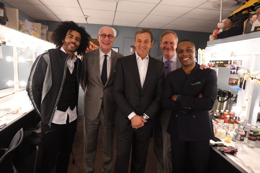 (L-R) "Hamilton's" Daveed Diggs; ESPN's John Skipper; Disney's Bob Iger; ESPN's Ed Erhardt and "Hamilton's" Leslie Odom, Jr. backstage at the 2016 ESPN Upfront. (Joe Faraoni/ESPN Images)