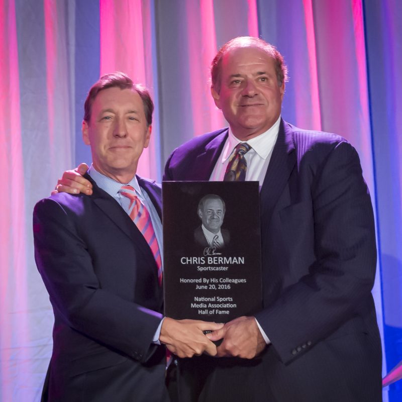 Former ESPN President George Bodenheimer (left), congratulates Chris Berman on his NSMA Hall Of Fame induction.  (Sean Meyers Photography/NSMA)